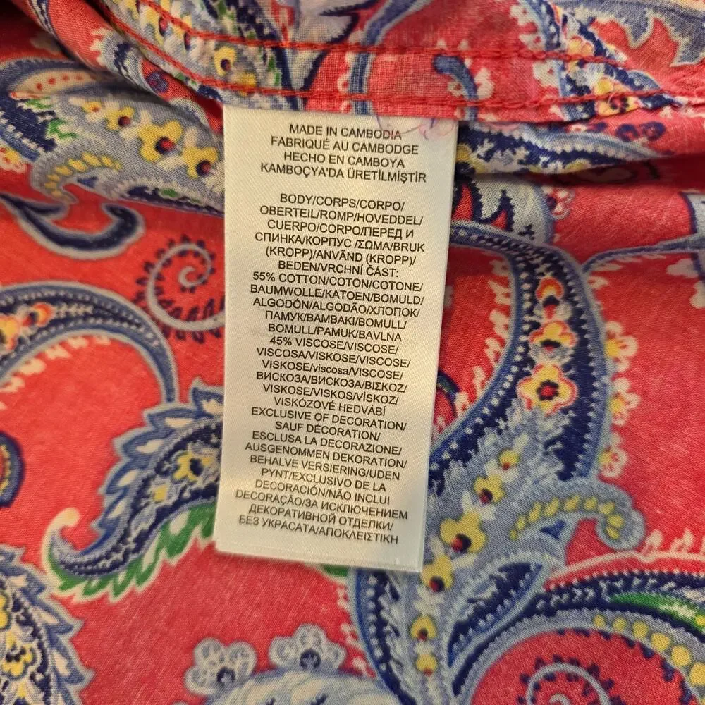 Lauren Ralph Lauren Womens Pajama Top XL Pink Paisley Button Down Shirt Logo